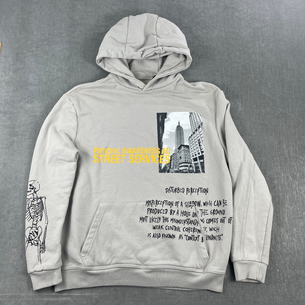 Pull&Bear Mens S Grey Hoodie Disturbed Perception Skeleton Streetwear Graphic